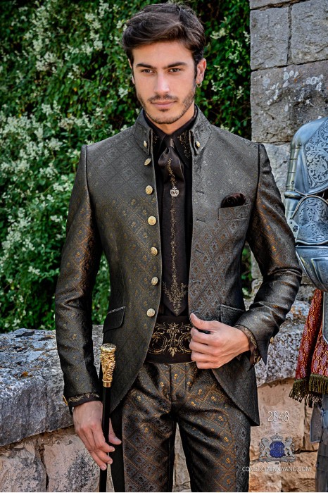 Gray with gold brocade Gothic era Napoleon collar Frock coat tailored italian cut