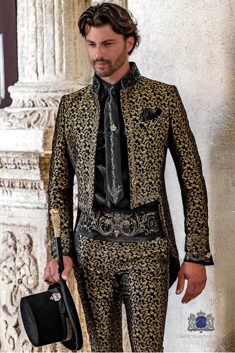 Black with gold floral brocade Gothic era Tailcoat with gold embroidery and mao collar with black rhinestones