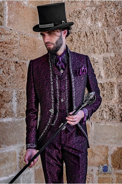 Purple brocade Gothic era Mao collar Frock coat with silver floral embroidery