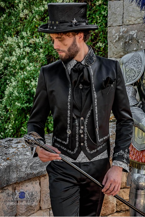 Black satin Gothic era Tailcoat with silver embroidery and mao collar with black rhinestones