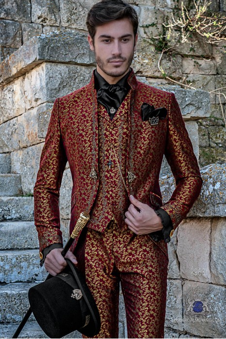 Red with gold brocade Gothic era Mao collar Frock coat with golden floral embroidery