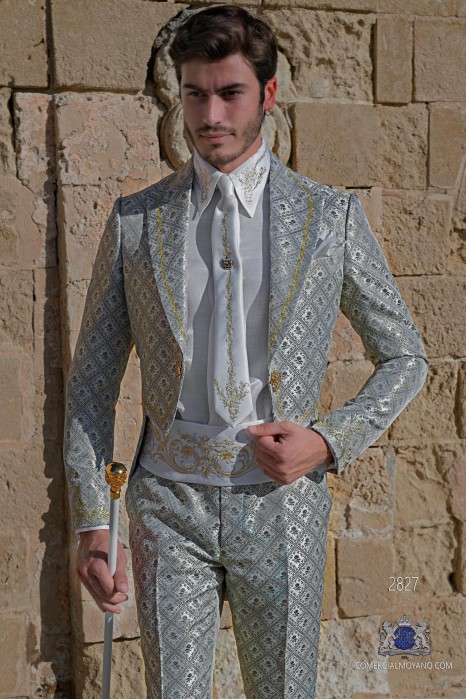 Light grey with golden brocade Baroque era Tailcoat with gold floral embroidery