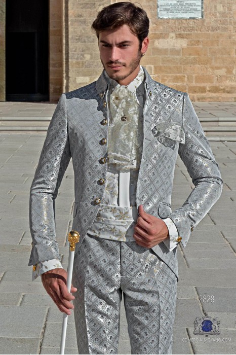 Light gray with gold brocade Baroque era Napoleon collar Frock coat tailored italian cut
