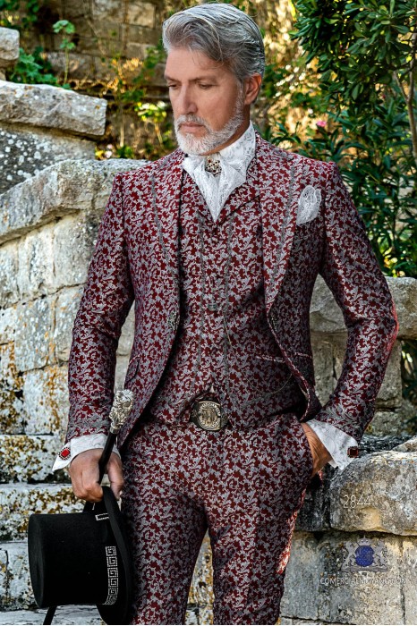 Red with silver floral brocade Baroque era Frock coat with silver embroidery