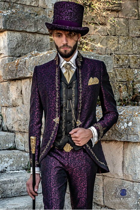 Purple brocade Baroque era Napoleon collar Frock coat with golden floral embroidery