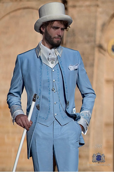 Light blue with blue floral embroidery Baroque era Frock coat with contrast ivory Napoleon collar and cuffs
