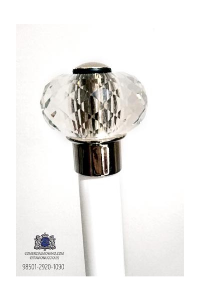 Canne blanche avec bouton en verre sculpté et métal argenté
