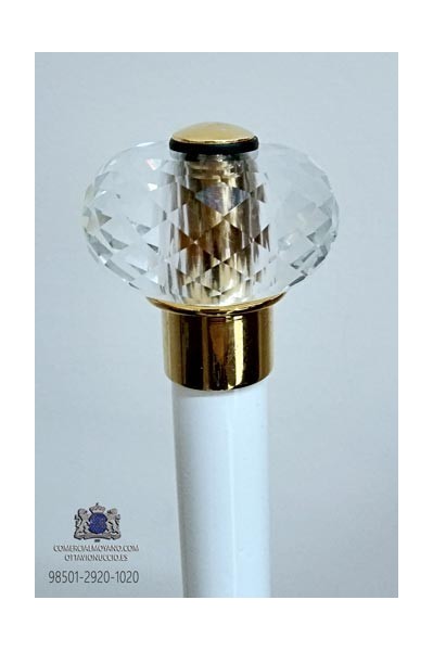 Weißer Spazierstock mit geschnitztem Glasknopf, eingefasst in goldenes Metall