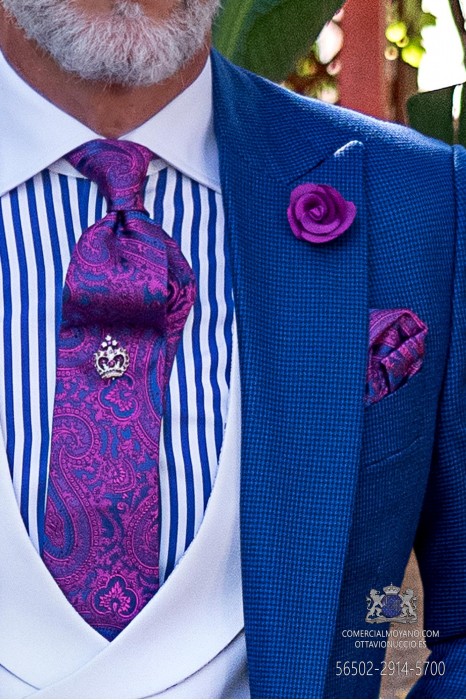 Corbata de novio con pañuelo diseño cachemere azul y malva