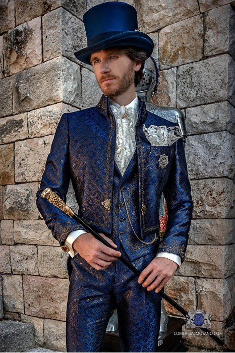 Blue with golden brocade Baroque era Napoleon collar Tailcoat with gold floral embroidery