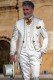 White satin Baroque era Napoleon collar frock coat with gold floral embroidery