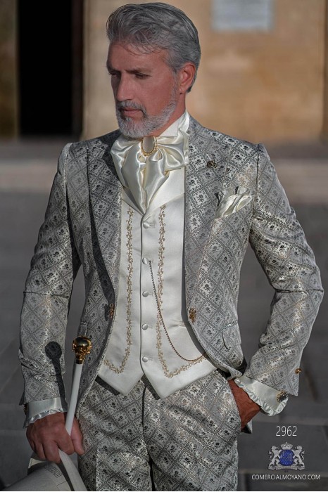 Light grey with gold floral brocade Baroque era frock coat with gold strass on lapels