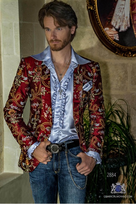 Red fashion party blazer in pure Shantung silk with floral embroidery
