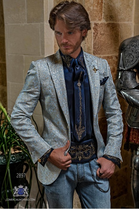 Blazer de fête de mode pour hommes bleu clair avec brocart floral doré coupe italienne adaptée sur mesure