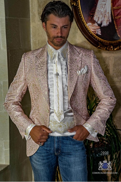 Blazer de fête de mode pour hommes rose avec brocart floral doré coupe italienne adaptée sur mesure