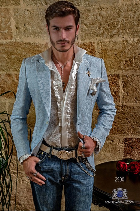 Blazer de fête de mode pour hommes brocart floral bleu clair coupe italienne adaptée sur mesure