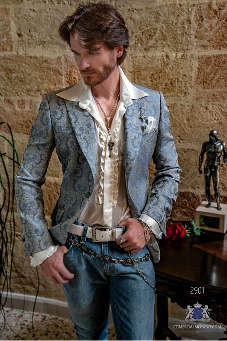 Lavender blue men's fashion party blazer with ivory floral brocades modern Italian cut tailored