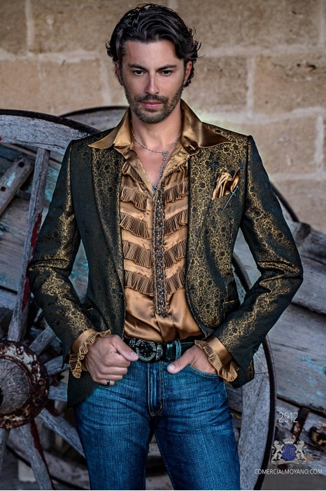 Bronce mens fashion party blazer with black floral brocade modern Italian cut tailored