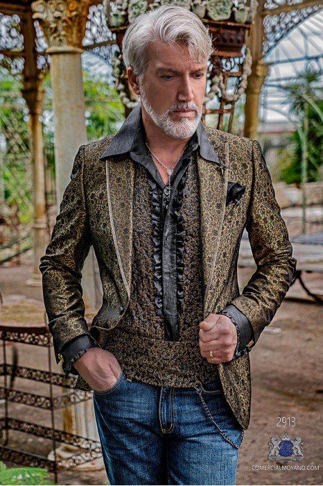 Bronce with black floral brocade mens fashion party blazer peak lapels with satin profile