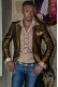 Gold men's fashion party blazer with black floral brocade modern Italian cut tailored