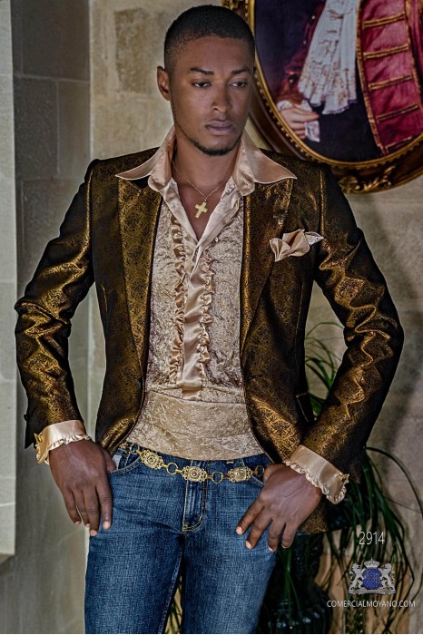 Gold men's fashion party blazer with black floral brocade modern Italian cut tailored
