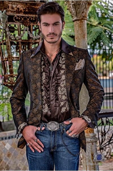 Black men's fashion party blazer with gold floral brocade modern Italian cut tailored