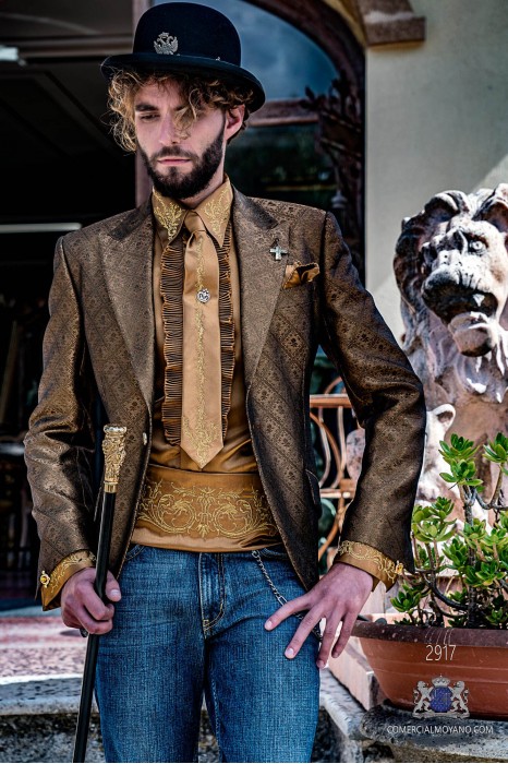 Goldener Herren Fashion Party Blazer mit goldem Blumenbrokat im modernen italienischen Schnitt.