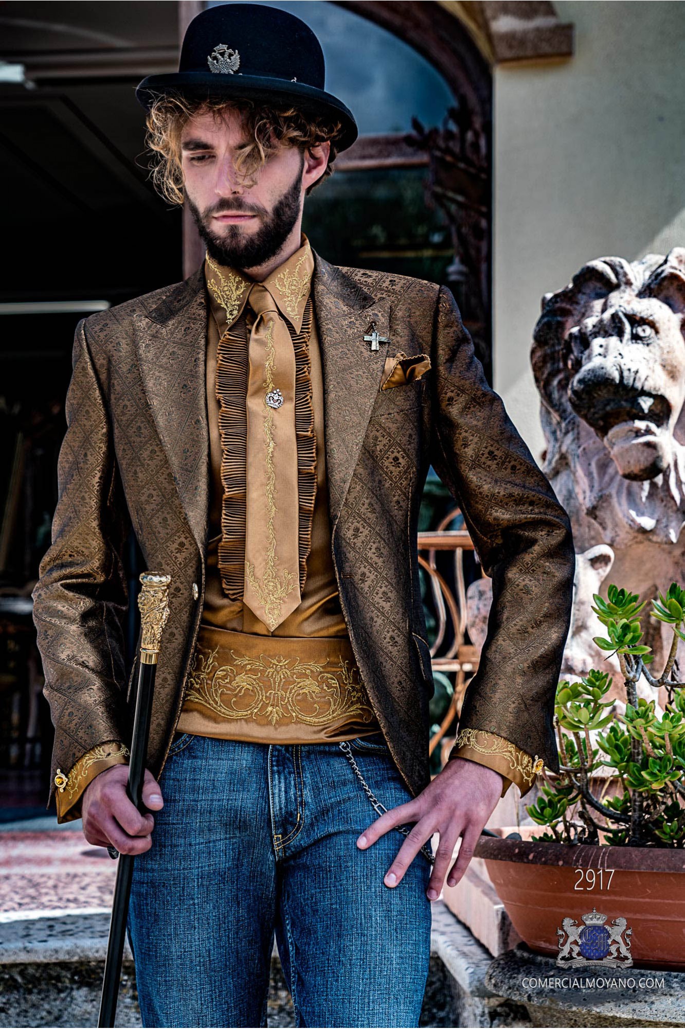 Gold men's fashion party blazer with golden floral brocades 2917