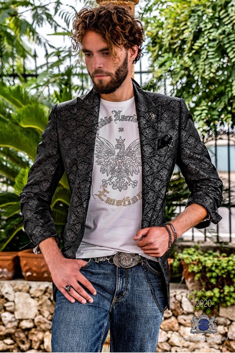 Black men's fashion party blazer with silver floral brocade modern Italian cut tailored