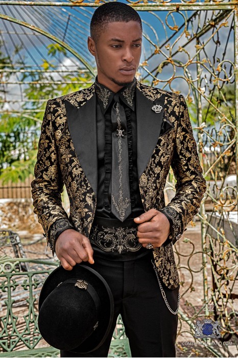 Blazer de fête de mode pour homme noir en pure soie jacquard avec brocart floral doré avec revers en satin noir