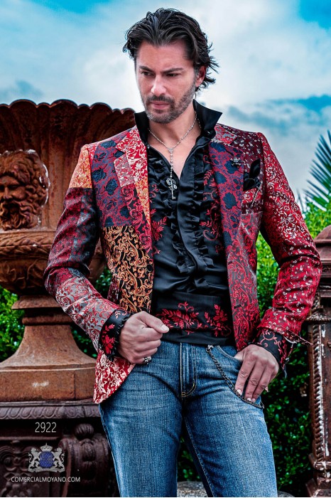 Blazer de fête de mode pour homme Patchwork rouge en pure soie jacquard à motifs floraux