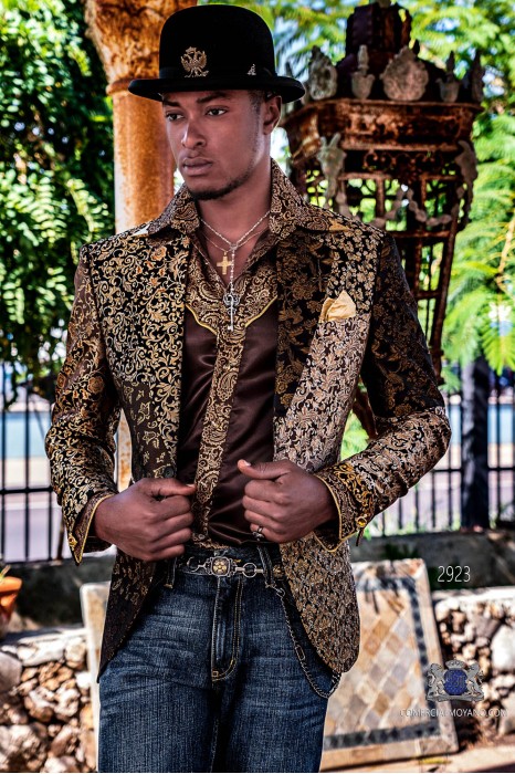 Gold Patchwork men's fashion party blazer pure jacquard silk floral designs