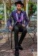 Blazer de fête de mode pour homme noir en pure soie jacquard avec brocart floral violet avec col châle en satin violet