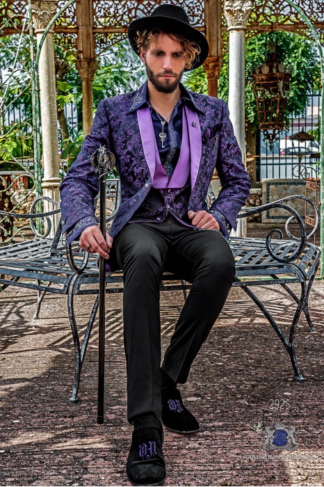 Black pure jacquard silk men's fashion party blazer purple floral brocade with purple satin shawl collar