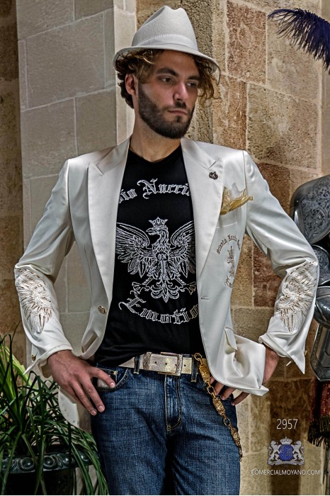 White satin men's fashion party blazer with golden embroidered eagle