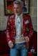 Red jacquard silk men's fashion party blazer with golden floral brocade