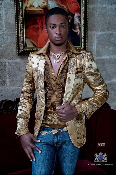 Gold jacquard silk men's fashion party blazer with golden floral brocade
