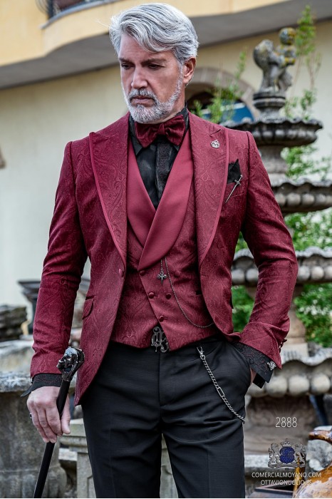 Garnet brocade rocker groom suit with lapel satin profile Italian cut slim fit