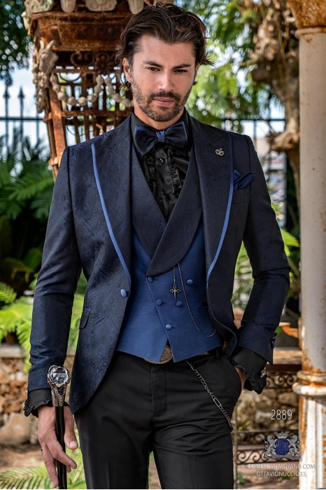 Blauer Brokat Rocker Bräutigam Anzug mit Satin-Profil Spitzen Revers zugeschnitten italienischen Schnitt