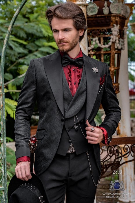 Black brocade rocker groom suit with black satin peak lapels & cuffs