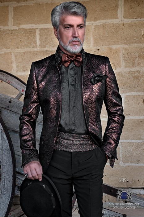 Copper brocade rocker groom suit with black rhinestones Mao collar