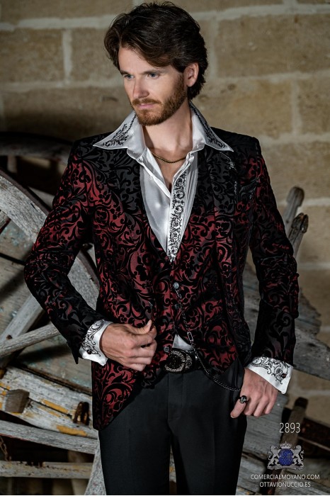 Red men's fashion party blazer with black velvet floral brocade fabric