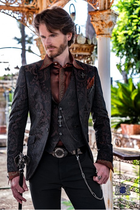 Brown rocker groom suit with black gothic brocade tailored italian cut