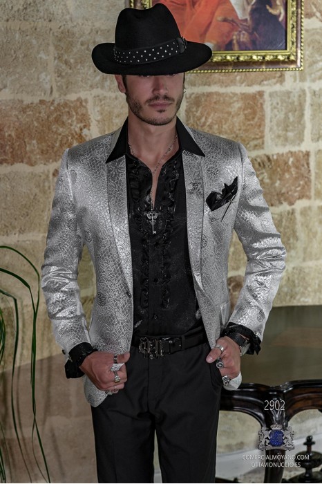 Silver men's fashion party blazer in flocked brocade fabric shawl collar with silver trim