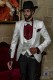 White brocade rocker groom suit with white satin profile on shawl collar