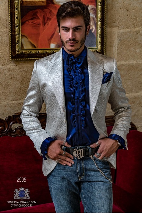 Silver men's fashion party blazer in flocked brocade fabric