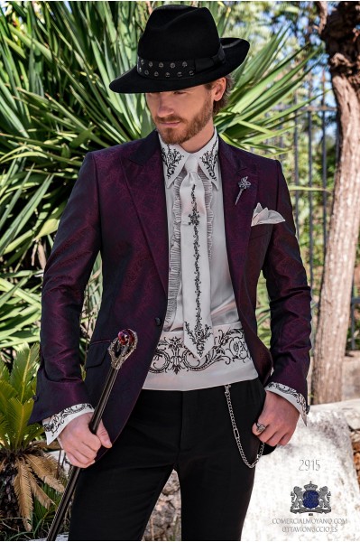 Purple rocker groom suit with black gothic floral brocade tailored italian cut