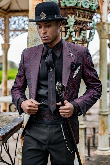 Purple rocker groom suit with black gothic floral brocade