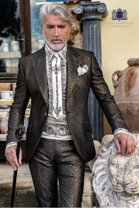 Grey rocker groom suit with gold gothic floral brocade tailored italian cut