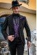 Black men's fashion party blazer in embroidered fleur de lis fabric with shawl collar with black trim